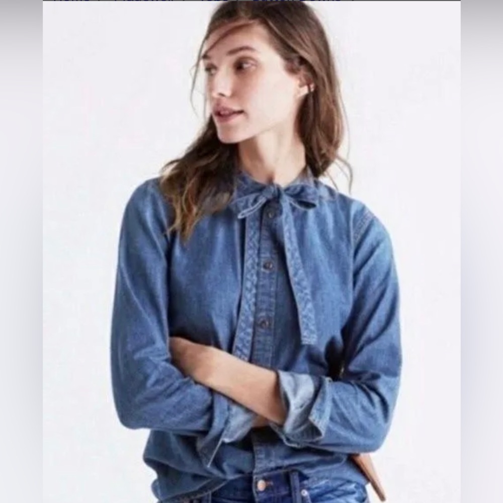 Madewell Button Up Neck Tie Chambray Denim Shirt